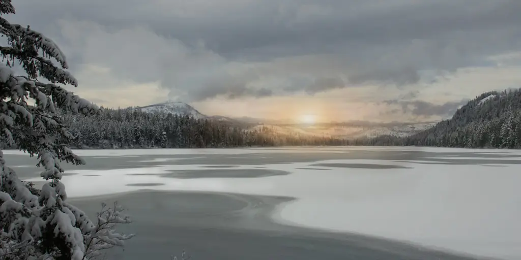 Low winter sun setting over a frozen lake ringed by dark snow-covered forest, the ice sheet catching the last light.